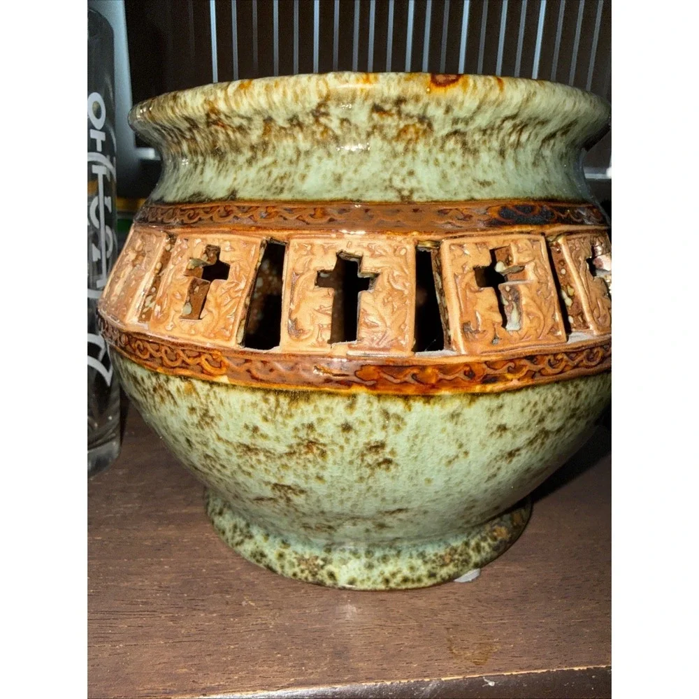 VTG Art Pottery Green Brown Glaze Signed Marked Numbered Planter Bowl Vase